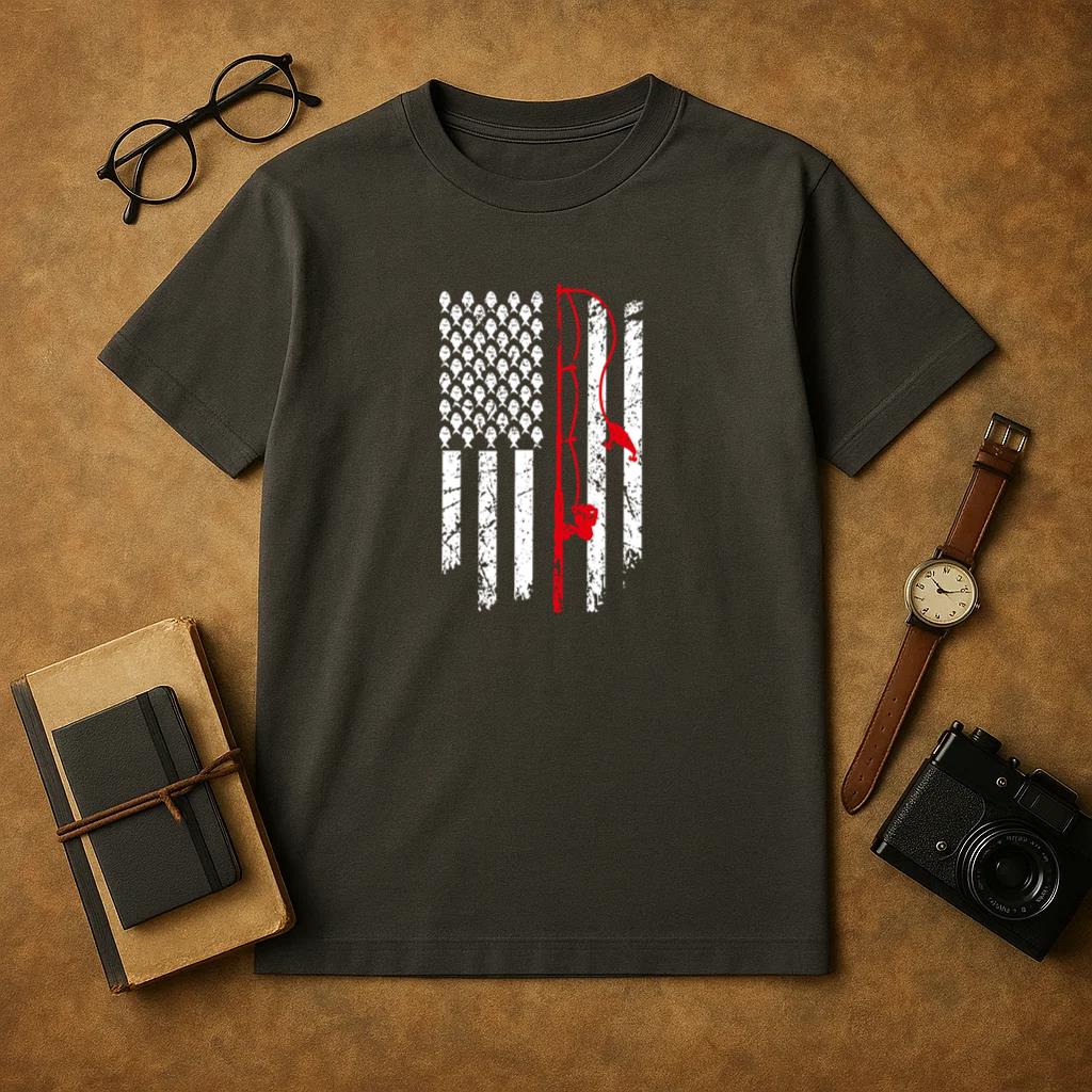 US American Flag Bass Fishing Pole T-Shirt